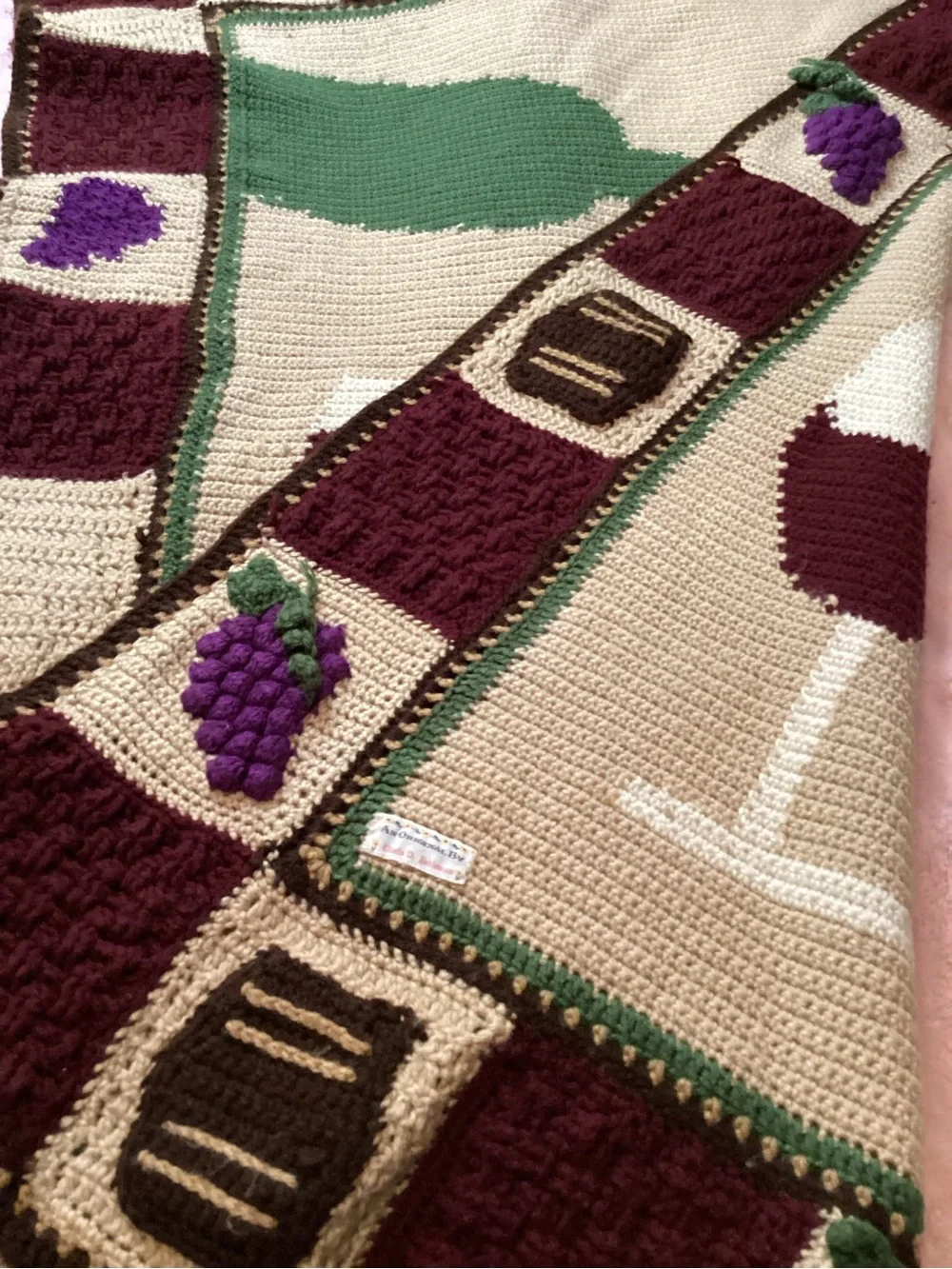 Crocheted Wine-Themed Throw Blanket in Burgundy, Cream & Green